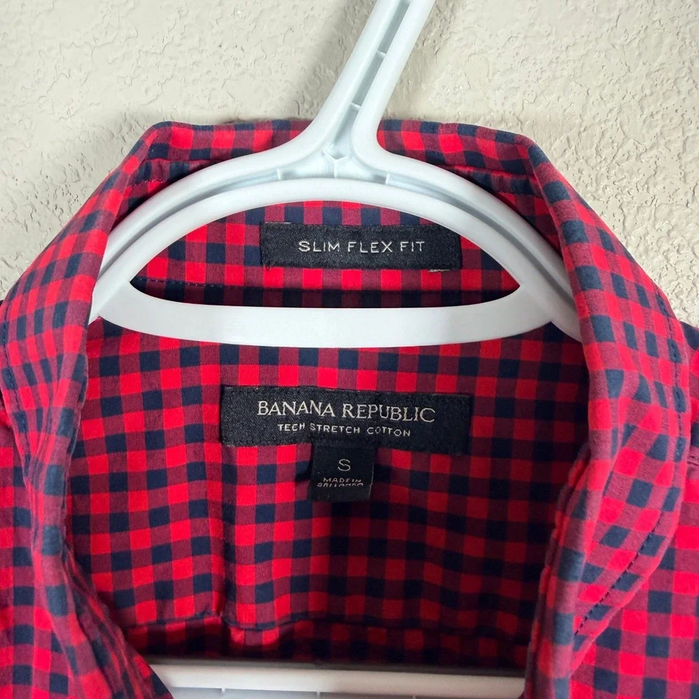Banana Republic Slim Flex Fit Button‎ Down Shirt Mens S Red Blue Gingham Stretch